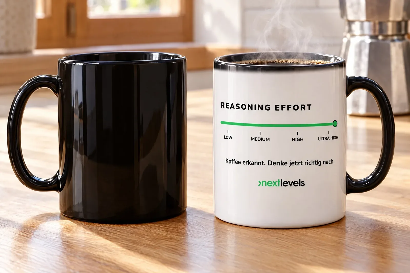 nextlevels mug with a “Reasoning Effort” dial from Low to Ultra High, next to a black coffee cup