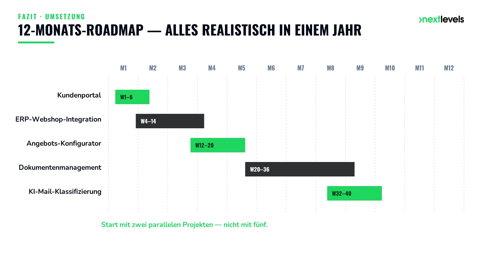12-Monats-Roadmap mit den fünf Digitalisierungsprojekten als Zeitbalken über ein Jahr