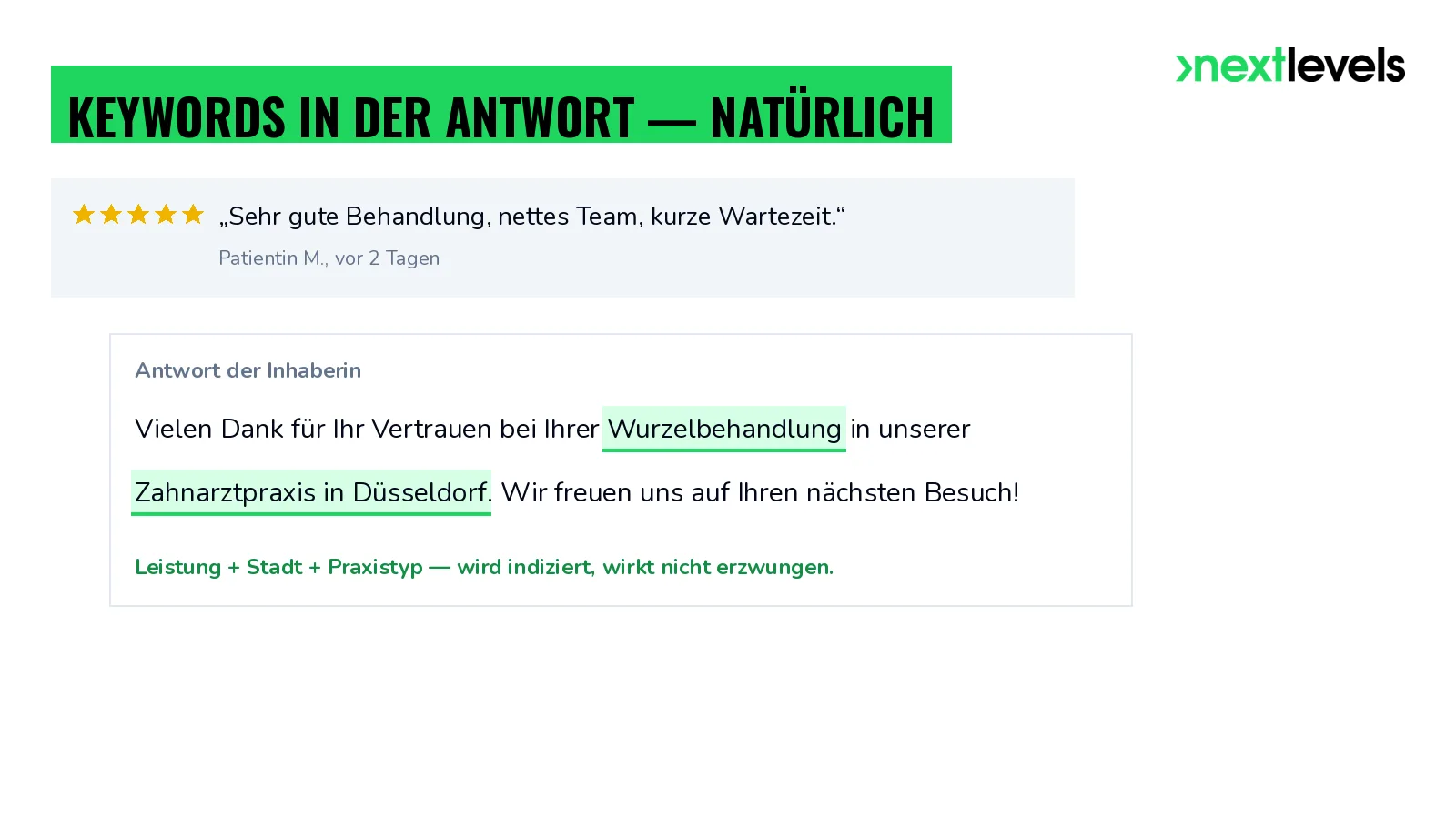 Bewertungsantwort, die Leistung und Stadt natürlich nennt: Wurzelbehandlung, Zahnarztpraxis in Düsseldorf