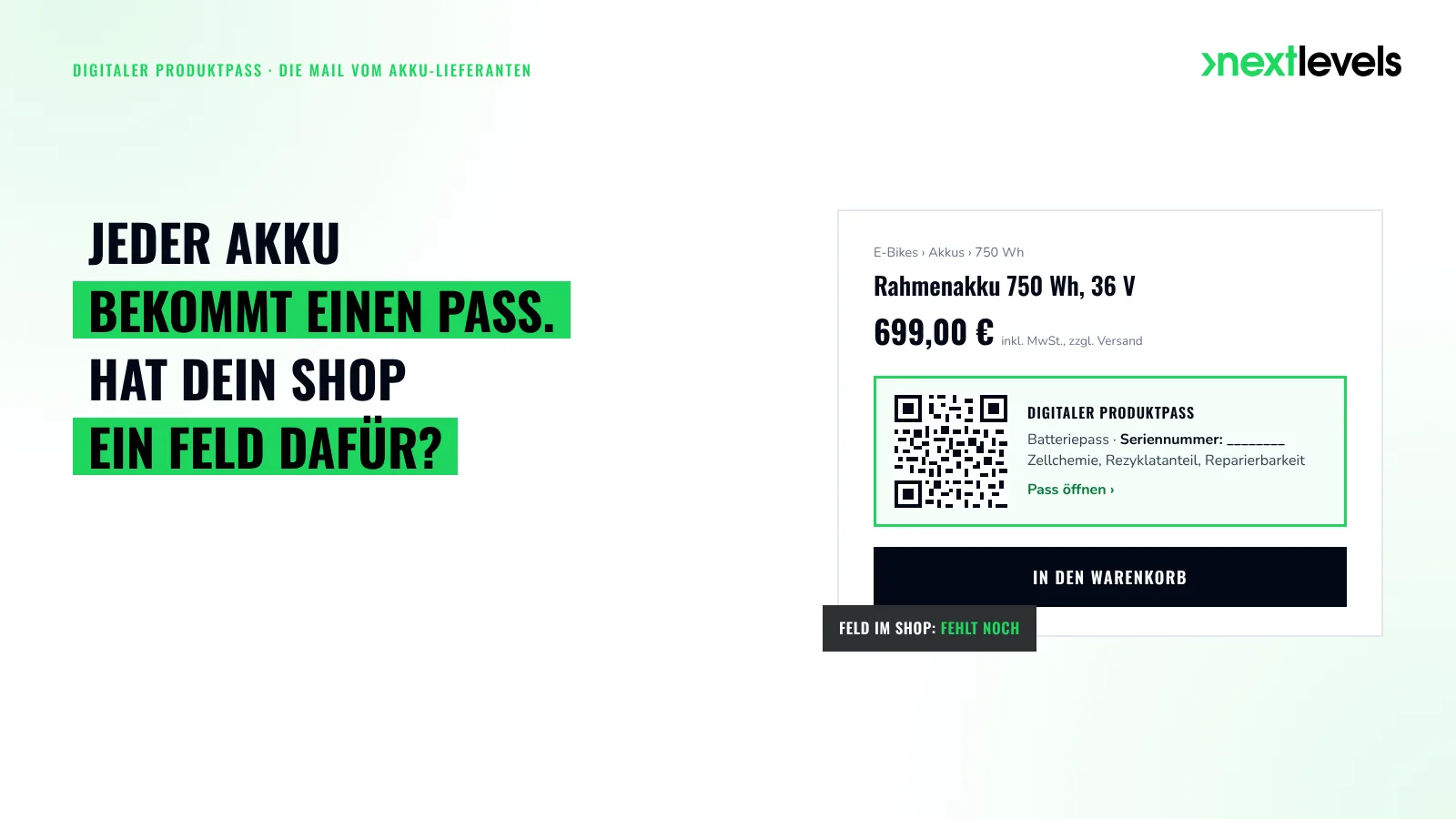 Digitaler Produktpass: „Jeder Akku bekommt einen Pass. Hat dein Shop ein Feld dafür?“ neben einer Produktseite mit QR-Kachel