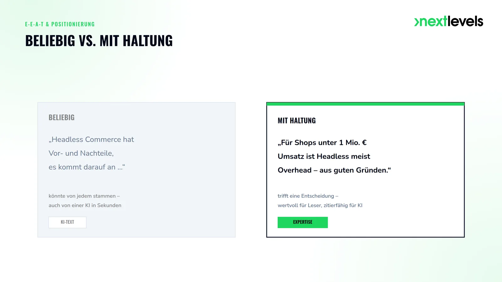 Vergleich: beliebige Aussage ohne Position gegenüber klarer Empfehlung mit Haltung und Expertise