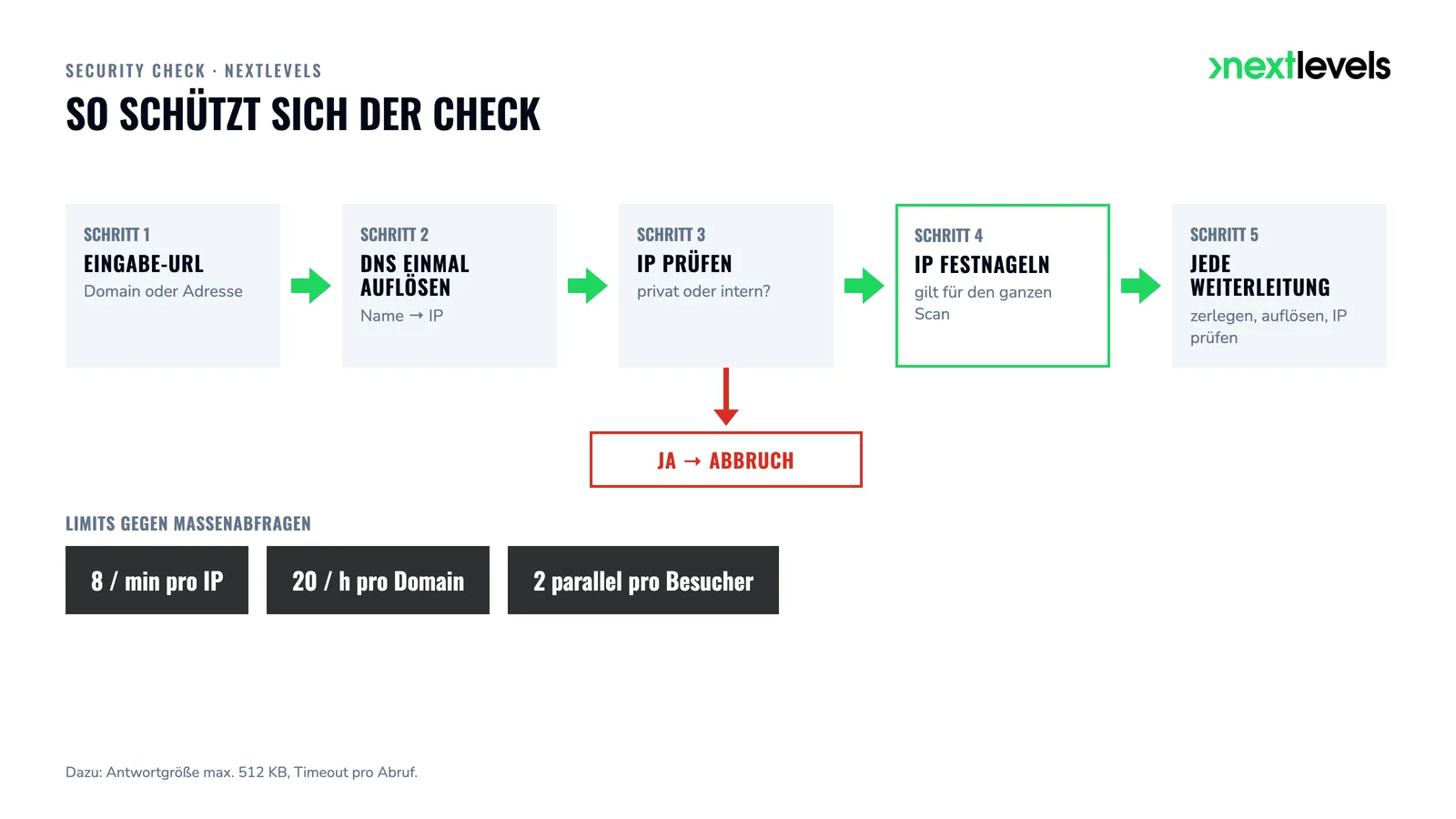 Missbrauchsschutz des Checks: DNS einmal auflösen, IP prüfen und festnageln, jede Weiterleitung prüfen