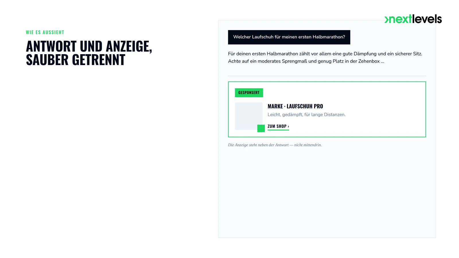 Mockup einer ChatGPT-Antwort mit klar als „Gesponsert“ markiertem, getrenntem Anzeigenblock