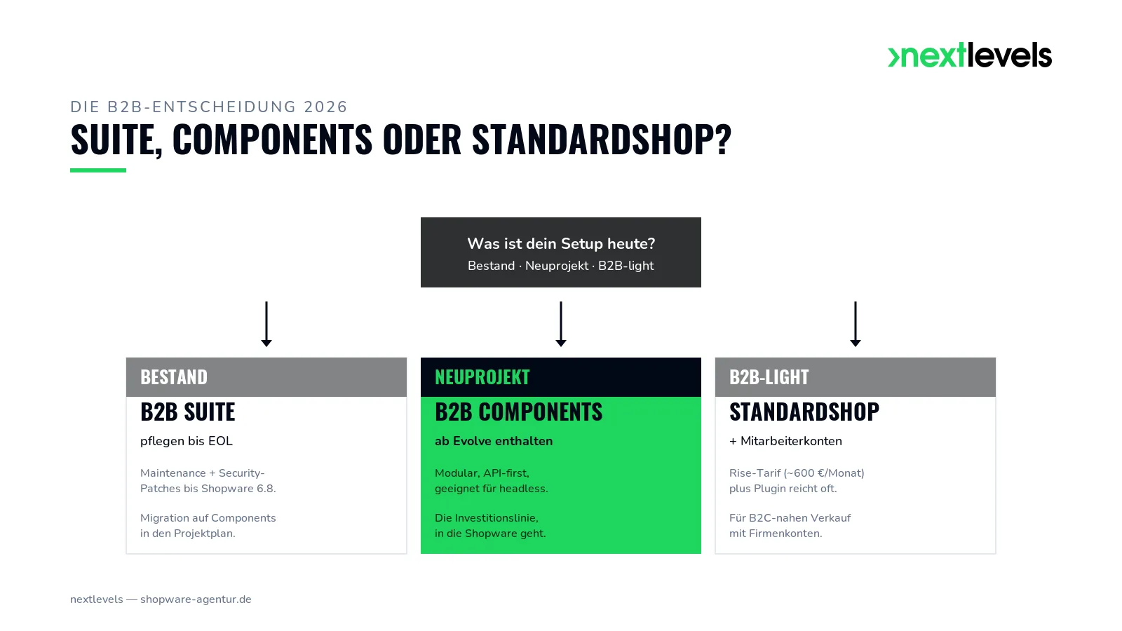 B2B Entscheidungs-Diagramm: Bestand Suite, Neuprojekt B2B Components, B2B-light Standardshop