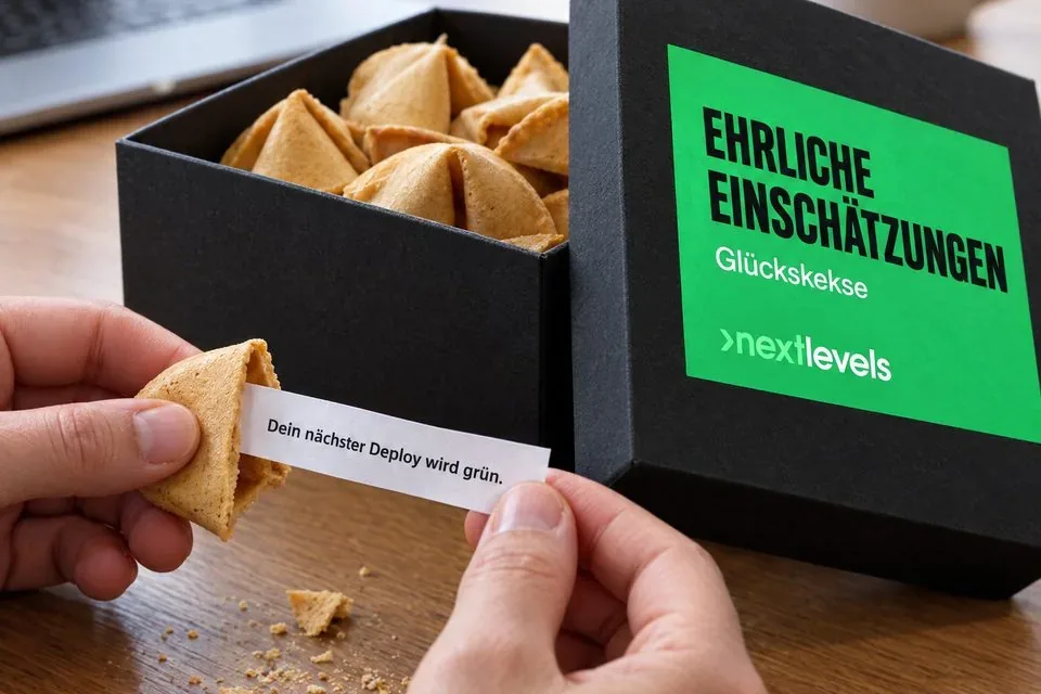 nextlevels “Honest Estimates” fortune cookies, the slip reads “Your next deploy will be green.”