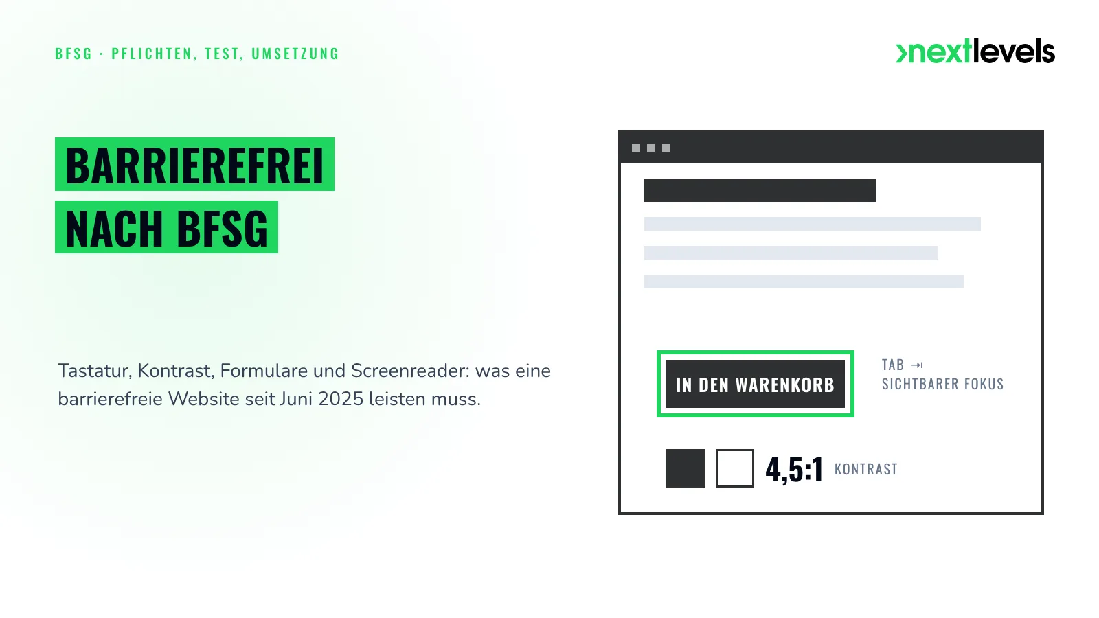 Barrierefreie Website nach BFSG: sichtbarer Tastaturfokus und Kontrastverhältnis 4,5:1