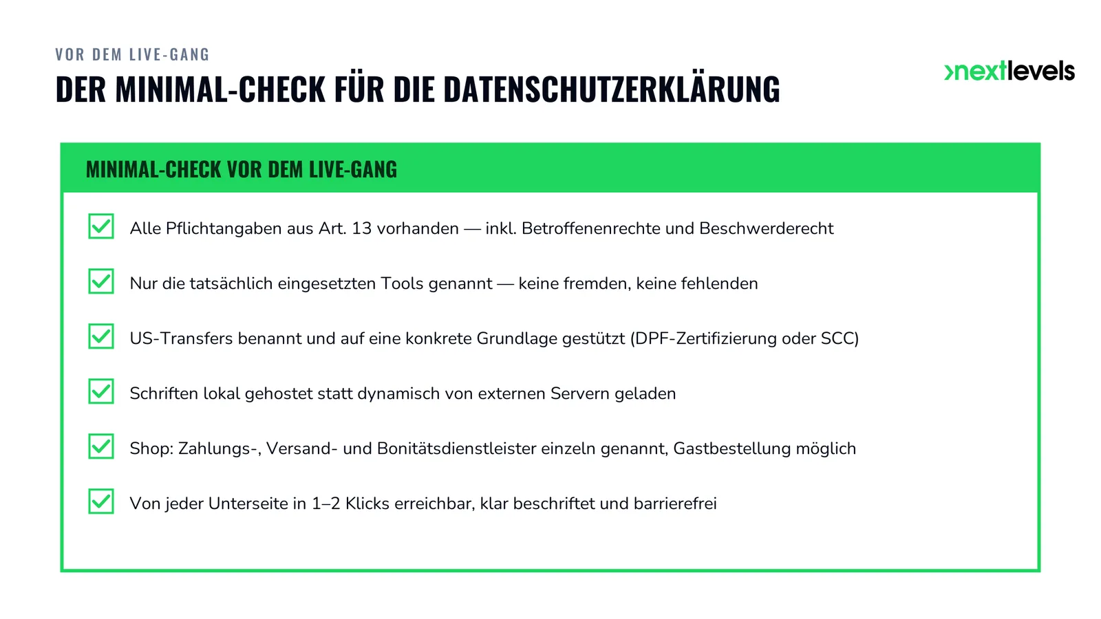 Minimal-Check für die Datenschutzerklärung vor dem Live-Gang: sechs Prüfpunkte