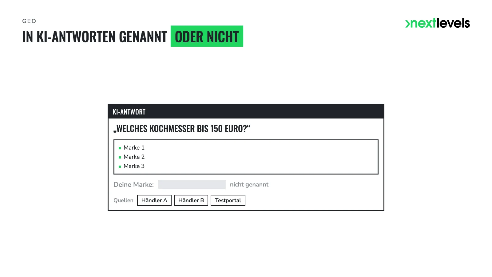 Stilisierte KI-Antwort zu Kochmessern, in der die Herstellermarke fehlt