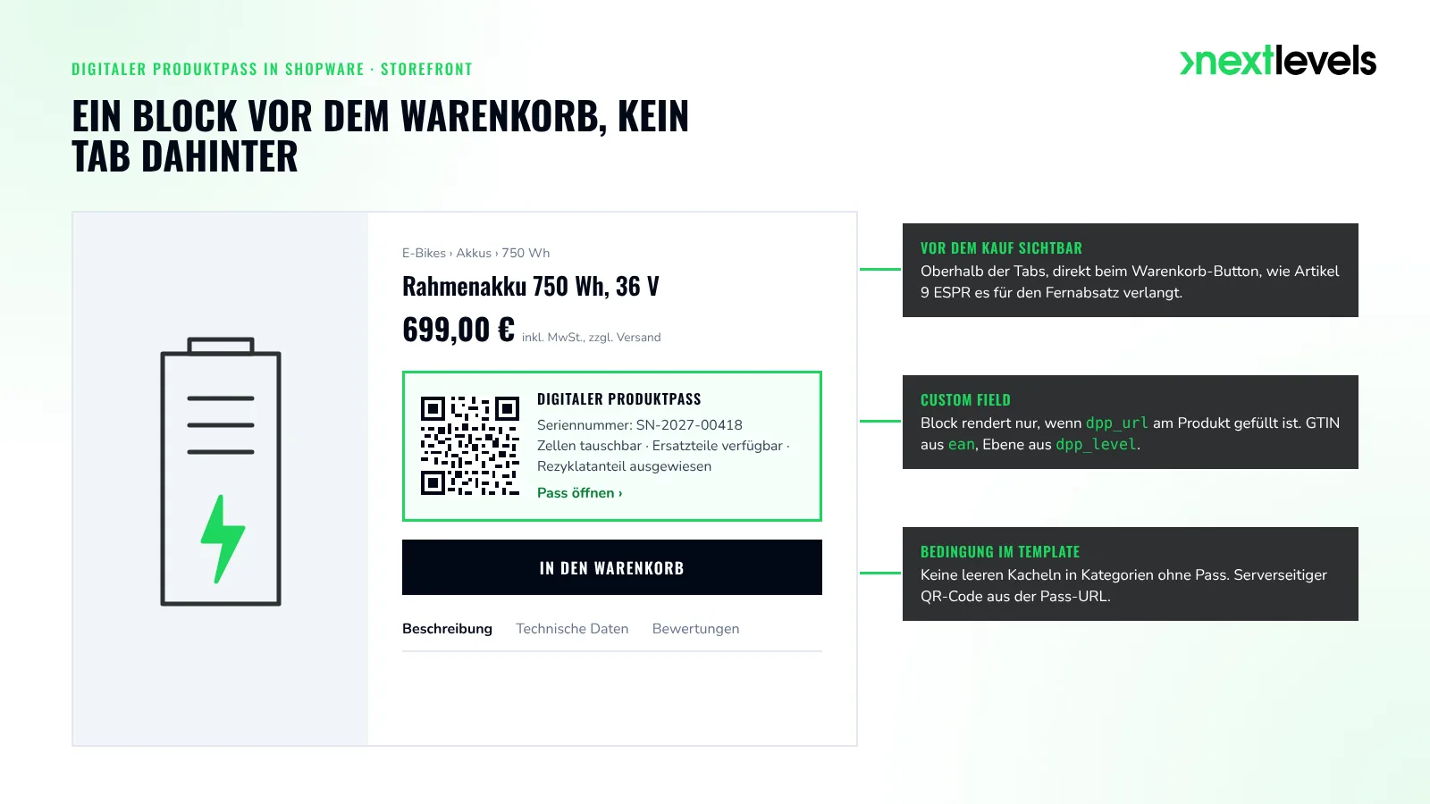Shopware-Produktseite eines E-Bike-Akkus mit Produktpass-Block, QR-Code und Pass-Link oberhalb von „In den Warenkorb“