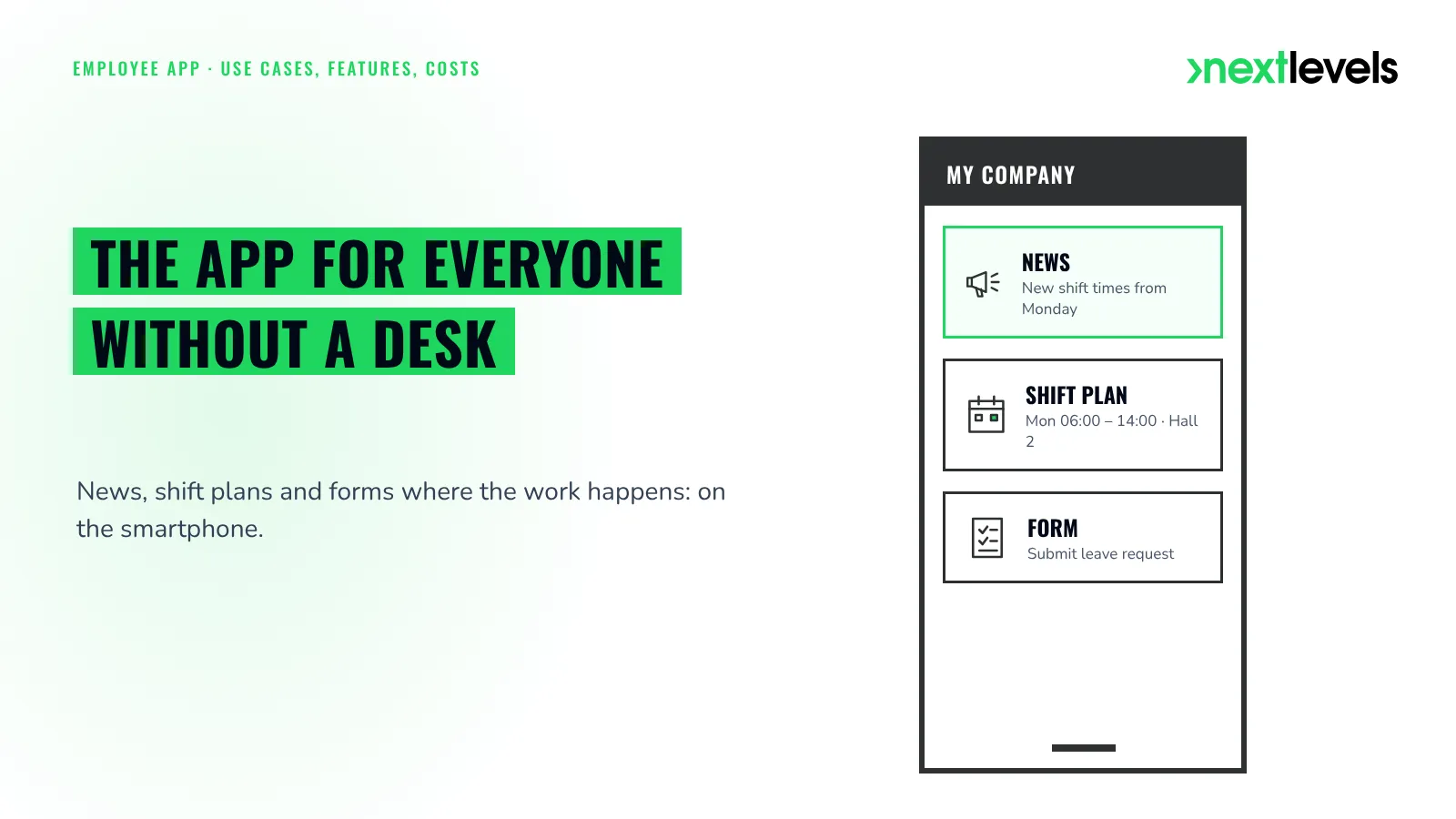 Employee app on a smartphone: news, shift schedule and forms for staff without a PC workstation