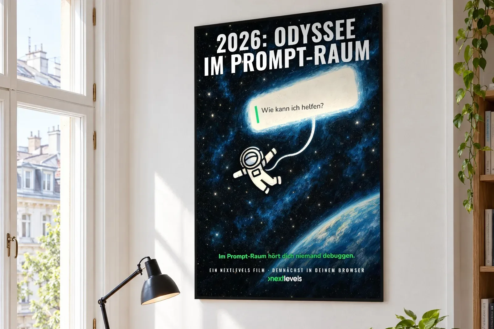 Poster “2026: A Prompt Space Odyssey” with an astronaut and a chat input field in space, on a living room wall