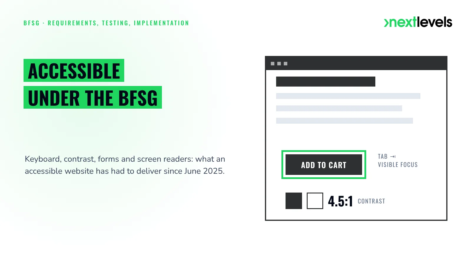 Accessible website under the BFSG: visible keyboard focus and a 4.5:1 contrast ratio